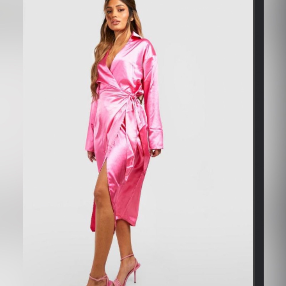 Satin wrap midaxi shirt dress in Hot Pink